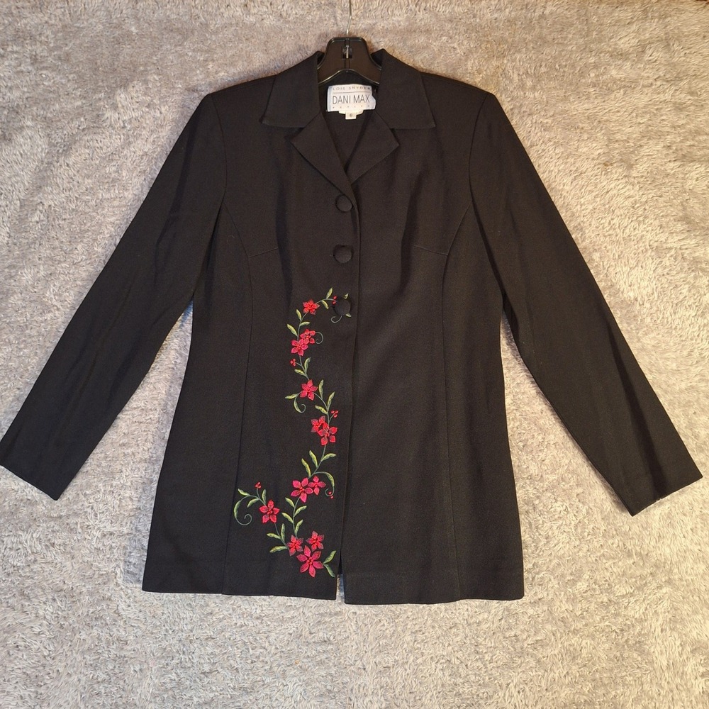 Lois Snyder Dani Max Blazer Jacket Size 6 P Black Floral Embroidered VTG 90s